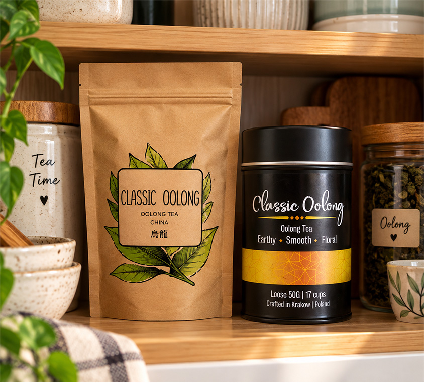 Classic Oolong Leo Tea – warianty herbaty liściastej w puszce, kubku tekturowym i doypacku